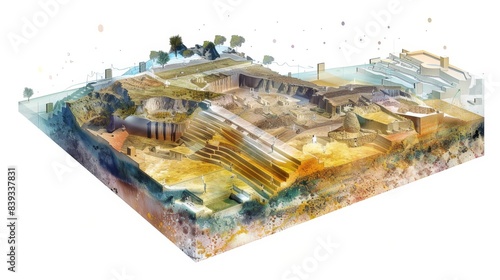Wallpaper Mural A geometric diagram showing an archaeological site cross-section, with many transparent layers, in the style of luminous landscapes, white background, isometric, site vistas with cartelcore, luminous  Torontodigital.ca
