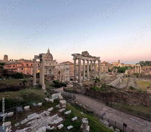Panoramic view of the Roman Forum at sunset, Rome, Italy