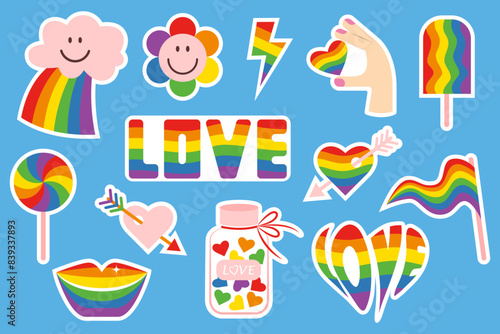 Set of LGBT stickers on blue background with rainbow symbols, gender marks. Symbols of LGBTQ community. Flat retro style illustration. Conceptual symbols of sexual orientation.