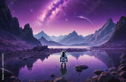 Astronaut steht in einem See vor einem Gebirge auf einem fremden Alien-Planeten photo