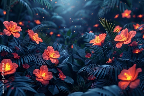 Exotic hibiscus flowers glow, radiating light in a dark tropical forest, giving a magical atmosphere © Dragana