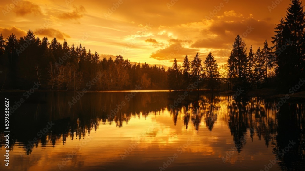 Fototapeta premium A serene lake reflecting the golden hues of a setting sun, with silhouettes of trees along the shoreline