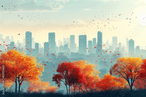 Warm autumn colors and migrating birds set against a city skyline depict the change of seasons in an urban setting