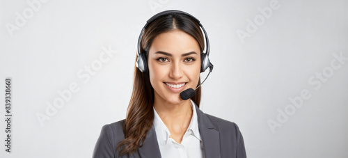 Call Center Agent mit Headset - freundlich lächelnde brünette junge Frau, isoliert / freigestellt -  Callcenter Supporter, Hotline