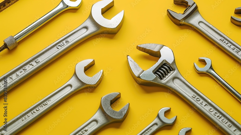 A set of adjustable wrenches and pliers laid out on a solid yellow background, their sturdy steel construction and ergonomic handles conveying reliability and efficiency in mechanical work.