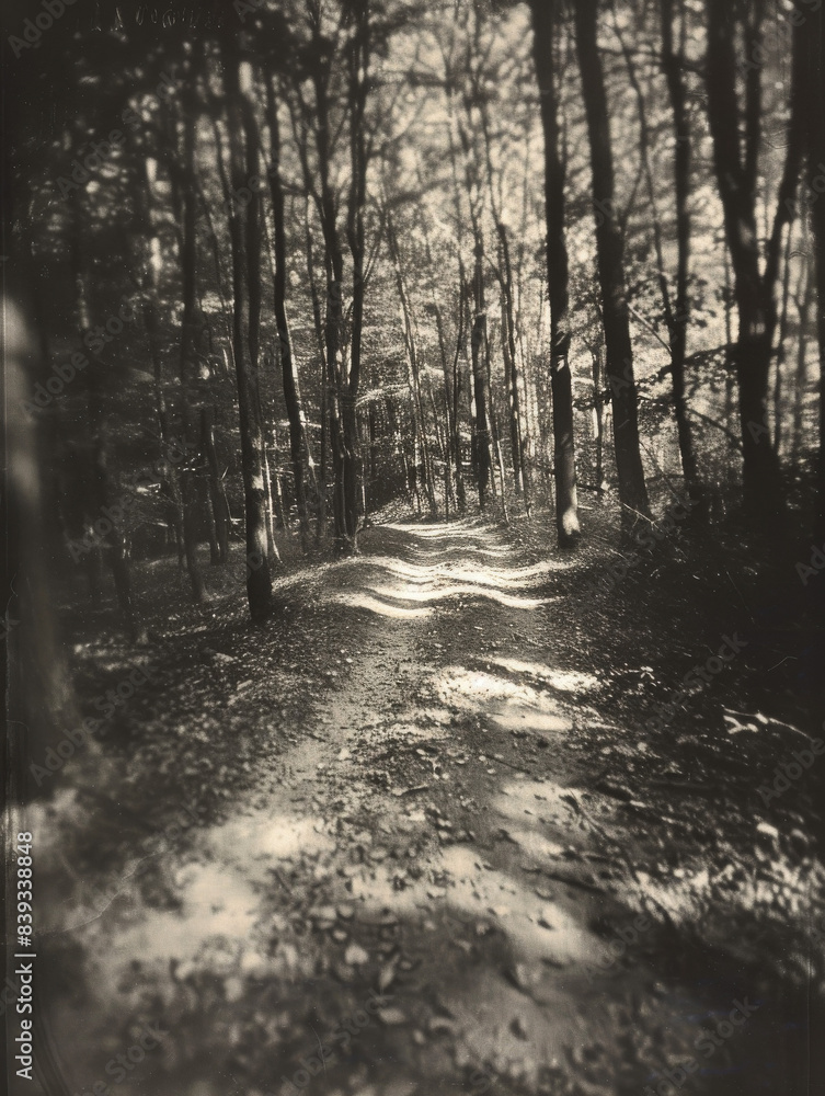 Fototapeta premium A winding path through a dense forest, with tall trees casting long shadows across the path. 
