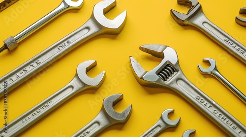 Obraz na płótnie A set of adjustable wrenches and pliers laid out on a solid yellow background, their sturdy steel construction and ergonomic handles conveying reliability and efficiency in mechanical work. w salonie