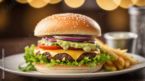Hamburger / Cheeseburger und Pommes in einem Restaurant photo