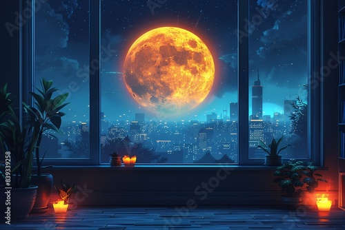 An immersive digital artwork showing a room with a view of a huge moon through a large window