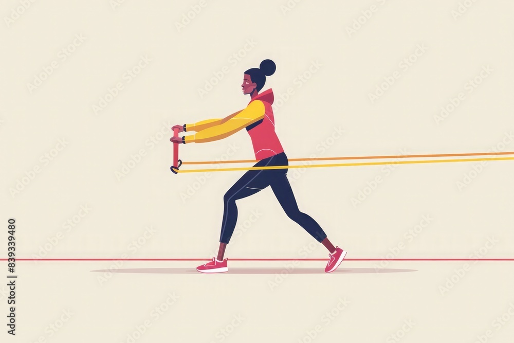 Fototapeta premium Side view of elderly African American woman with resistance band, wearing tracksuit, dedicated to health and exercise