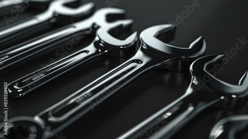 A set of precision wrenches neatly arranged on a solid black background, their shiny metallic surfaces catching the light, showcasing the tools' craftsmanship and durability.