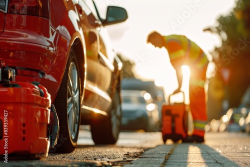 Professional Roadside Assistance Service with Technician and Tools During Sunset