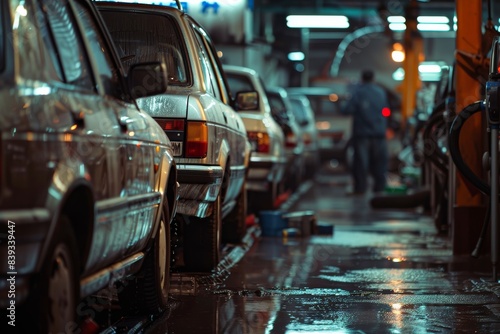 Busy Self-Service Car Wash with People Cleaning Vehicles Under Bright Lights