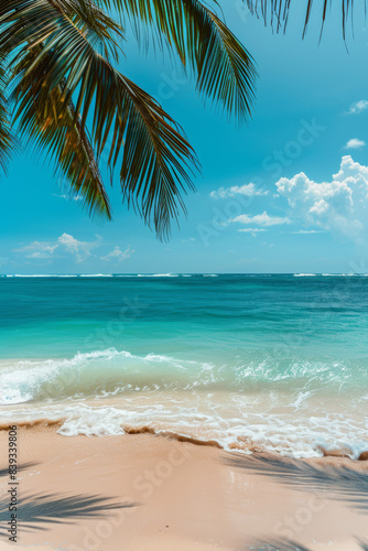 Idyllic tropical beach with turquoise waters  palm trees  and blue skies. Perfect tranquil scenery for a summer vacation or relaxing coastal getaway.