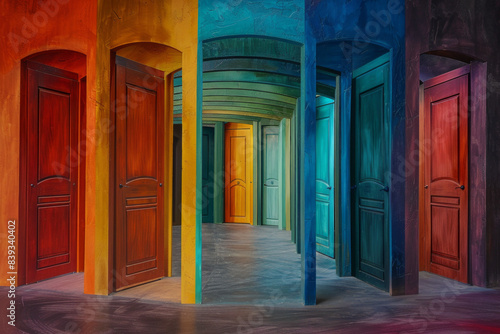 Doors arranged in a spiral, each one getting smaller as they move inward. The colors of the doors range from dark to light, creating a gradient effect. The background is a solid, neutral color. © grey