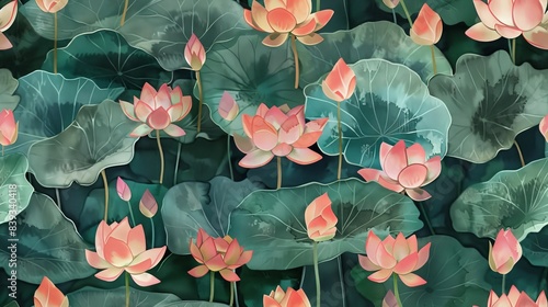 seamless pattern Miniature watercolor lotus flowers for a serene, repeating pattern