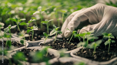 Close-up of a farmer's hands in protective gloves planting seeds generative ai