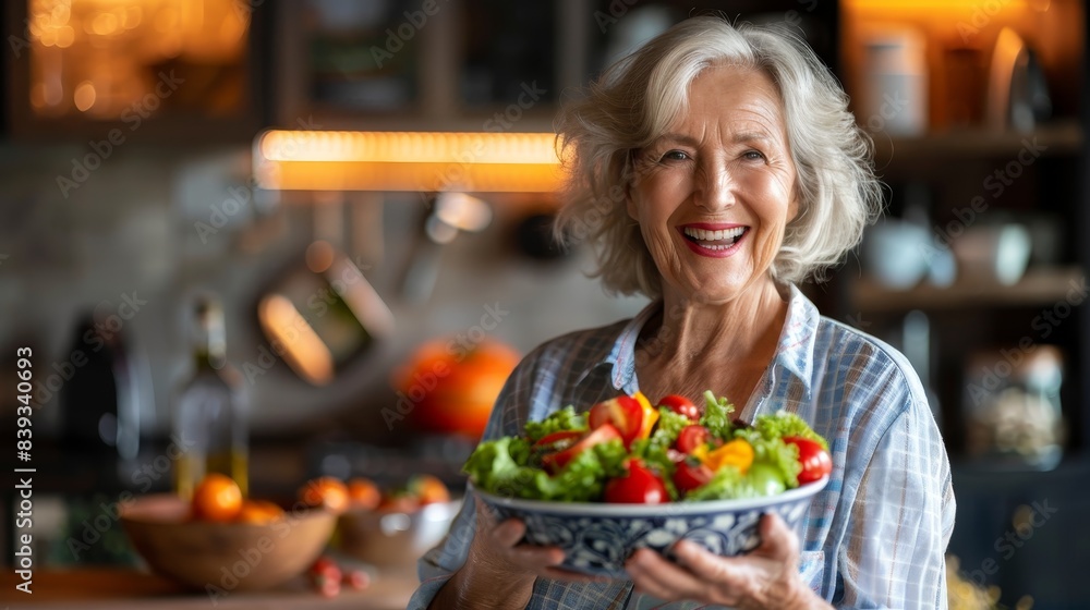 healthy eating, food cooking and culinary concept - happy smiling senior woman making vegetable salad on kitchen at home healthy eating, food cooking and culinary concept - happy smiling senior woman making vegetable salad on kitchen at home