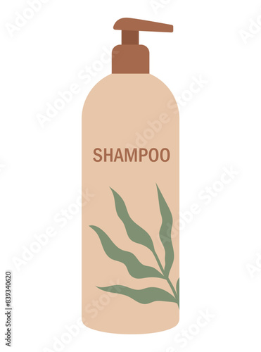 Hair shampoo with seaweed. Bottle with dispenser in pastel colors. Isolated vector illustration in clip art style
