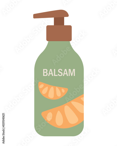 Hair balm with fruit acids. Tube with a dispenser and a print of tangerine slices. Isolated vector illustration in clip art style