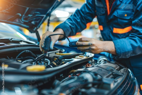 Automotive Technician Using Diagnostic Tool to Inspect Car Engine in Fully Equipped Garage