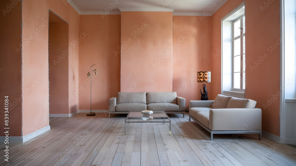 Fototapeta premium minimal interior Livingroom, featuring soft peach-colored fuzz covering the floor and walls, empty room