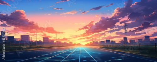 Anime style illustration of a high school running track at golden hour