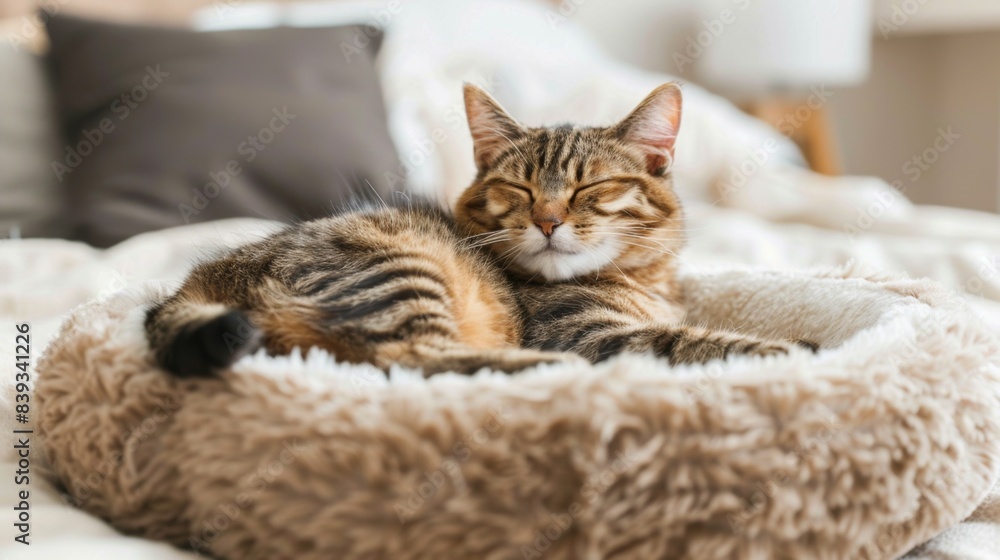 A smiling, overweight cat curled up in a fluffy cat bed, looking blissful and content in a cozy bedroom A smiling, overweight cat curled up in a fluffy cat bed, looking blissful and content in a cozy bedroom