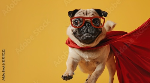 A super cute and happy smiling pug dog dressed up as a superhero flying freely in the air with a red cape and glasses against a yellow background