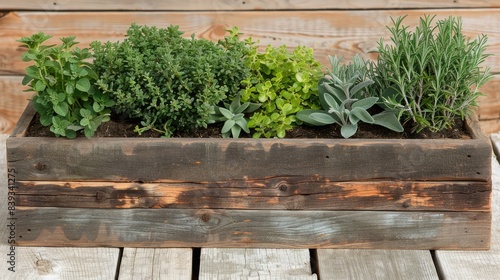 An herb garden in a wooden box on a rustic table, with mint and rosemary leaves on an old wood background © lililia