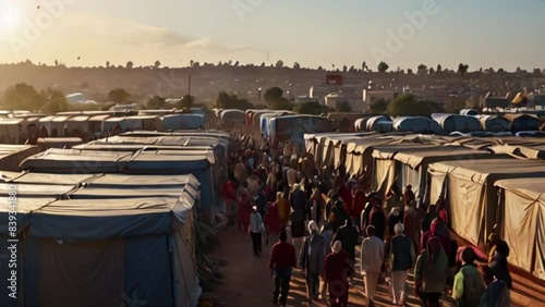 Bustling refugee camp. A large crowd of people are walking down a street in front of a large tent. The scene is chaotic and busy, with people of all ages and sizes walking around. 