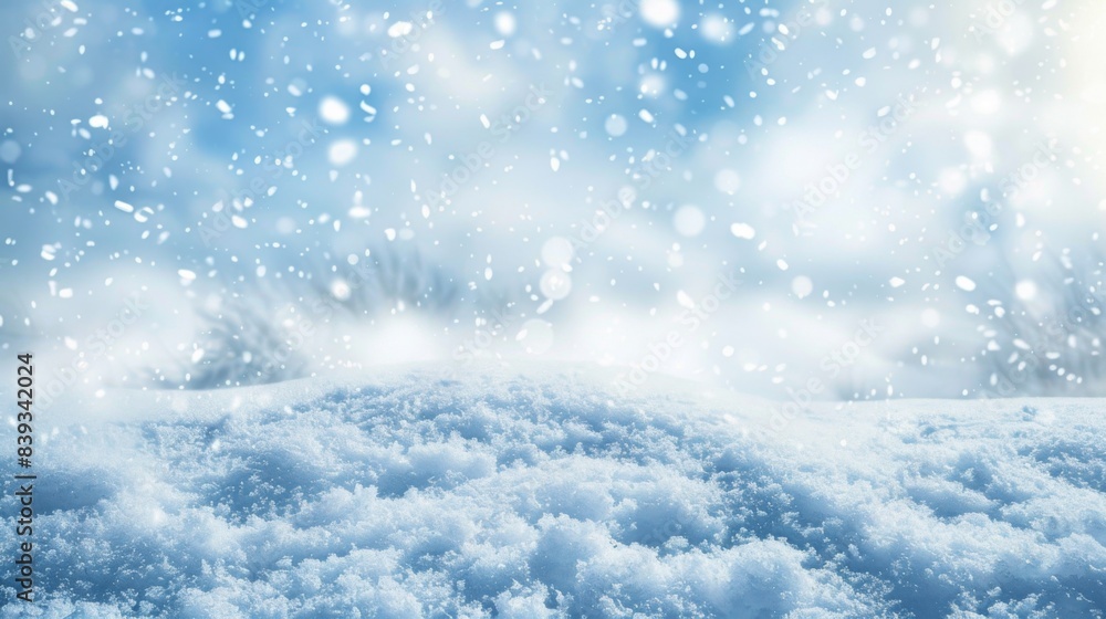 Naklejka premium A snowy winter background with delicate snowflakes falling softly against a pale blue sky, evoking cold and serene winter days