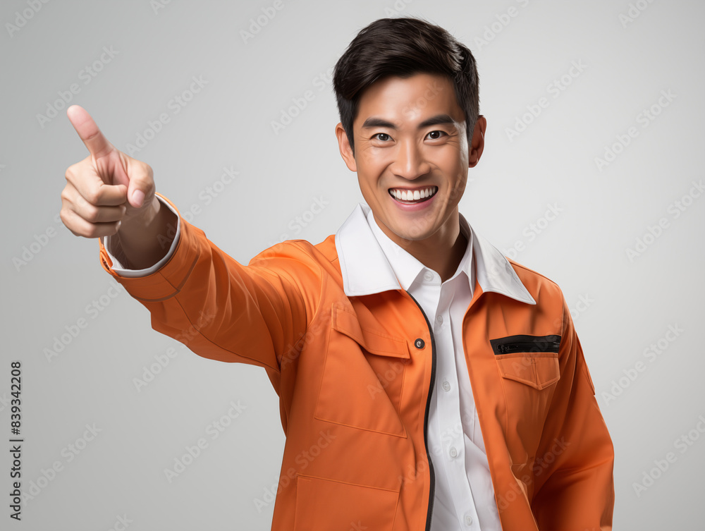 A joyful Asian man in orange and white clothes against an isolated background A joyful Asian man in orange and white clothes against an isolated background