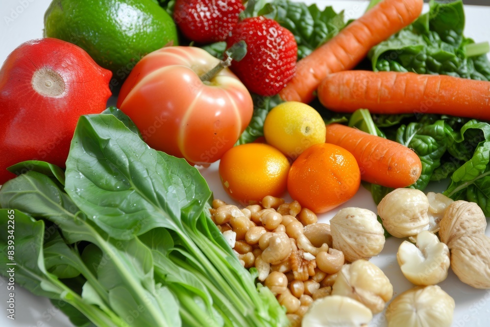 Fresh Assortment of Raw Vegetables and Fruits Emphasizing Healthy Eating and Nutritional Benefits Fresh Assortment of Raw Vegetables and Fruits Emphasizing Healthy Eating and Nutritional Benefits