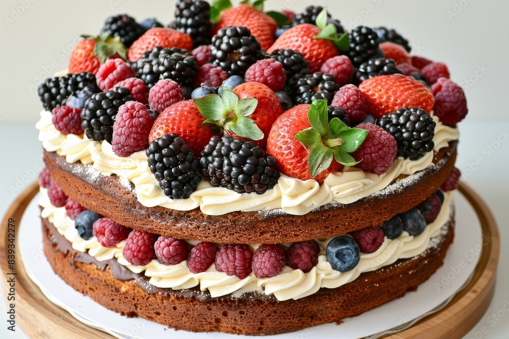 Fresh berry layer cake topped with an assortment of raspberries, blackberries, and blueberries, featuring whipped cream and sponge layers, ideal for celebrations and festive gatherings Fresh berry layer cake topped with an assortment of raspberries, blackberries, and blueberries, featuring whipped cream and sponge layers, ideal for celebrations and festive gatherings