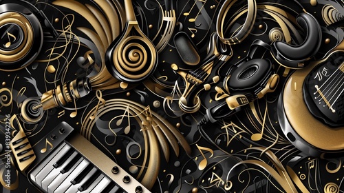 Black and Gold Music Doodles with Instruments and Headphones