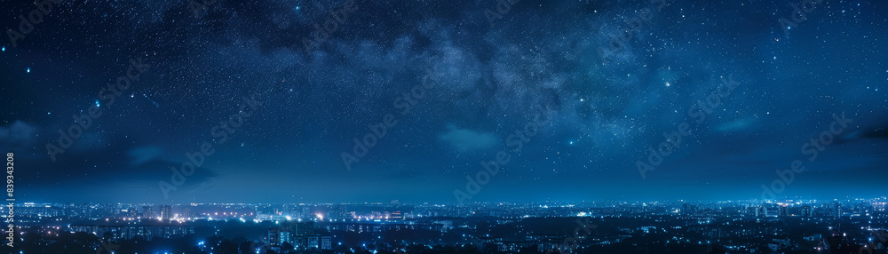 Stunning panoramic night view of a city skyline under a starry sky, capturing the serene beauty and vast expanse of the universe. Stunning panoramic night view of a city skyline under a starry sky, capturing the serene beauty and vast expanse of the universe.