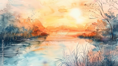 tranquil river landscape at golden hour warm sunset watercolor painting
