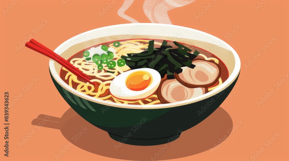 A steaming bowl of Japanese ramen with tender noodles, soft-boiled egg, sliced pork, seaweed, and scallions in a rich broth A steaming bowl of Japanese ramen with tender noodles, soft-boiled egg, sliced pork, seaweed, and scallions in a rich broth