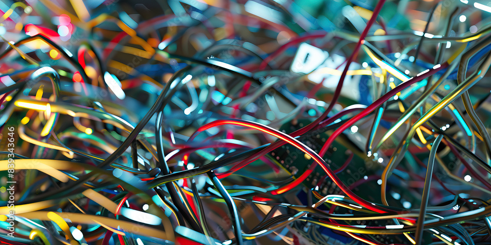 The Synthetic Substrate: A tangled mess of wires and circuit boards, gleaming against a metallic background. The Synthetic Substrate: A tangled mess of wires and circuit boards, gleaming against a metallic background.