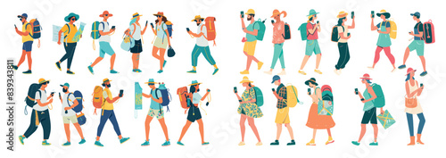 The illustration shows tourists walking with their phones and maps on their vacation trips