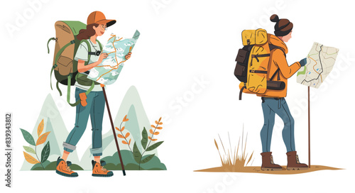 Happy woman backpacker orienteering and walking. Flat modern illustration isolated on white.