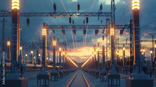 A power station with many electrical wires and poles photo