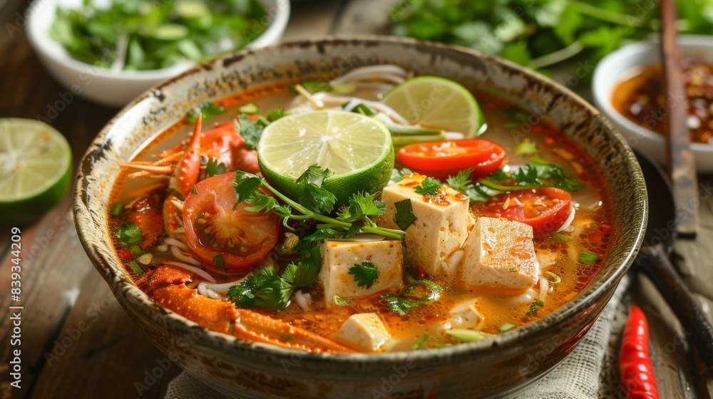 A steaming bowl of Vietnamese bun rieu with crab meat, tomatoes, tofu, and fresh herbs, served with a side of lime and chili A steaming bowl of Vietnamese bun rieu with crab meat, tomatoes, tofu, and fresh herbs, served with a side of lime and chili