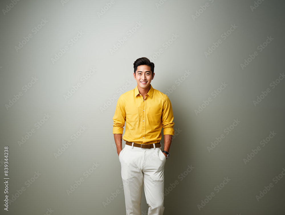 A joyful Asian man in yellow and white clothes against an isolated background A joyful Asian man in yellow and white clothes against an isolated background