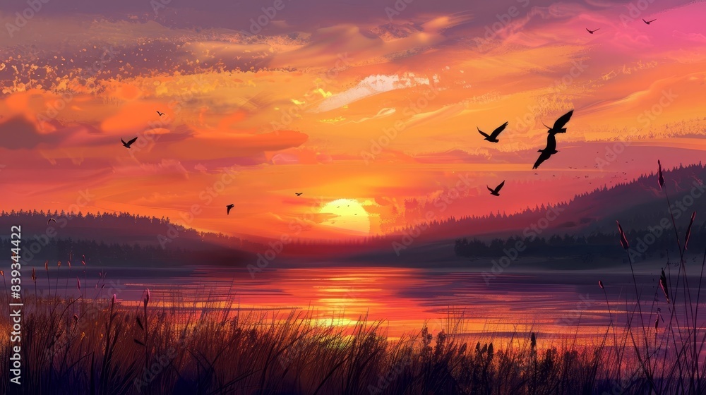 Fototapeta premium tranquil sunset landscape with silhouettes of flying birds against a vibrant orange and pink sky digital painting