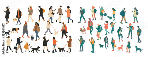 An overhead view of a man and woman along with a dog, going with their phones, standing, sitting, and meeting.