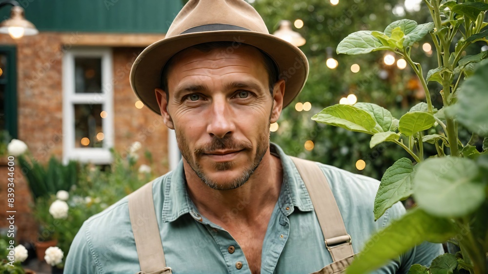 Portrait of smiling young botanist holding a fresh plant. Gardening people portrait. Portrait of smiling young botanist holding a fresh plant. Gardening people portrait.