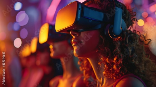 Virtual Reality Experience: Illustrate an immersive virtual reality experience with users exploring virtual worlds, advanced VR equipment, © tanongsak