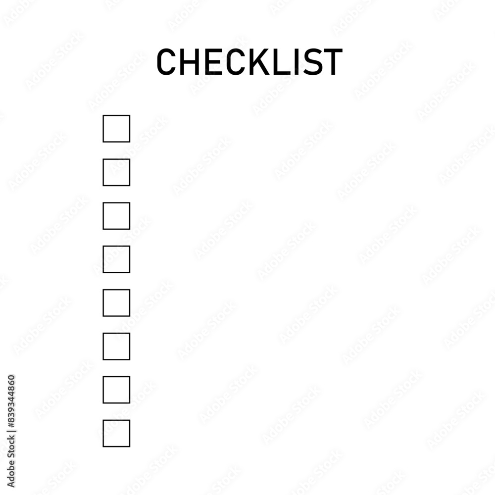 Checklist with black text and checkboxes on a white background. Vector flat illustration. To-do list. Template for entries. Form to fill.